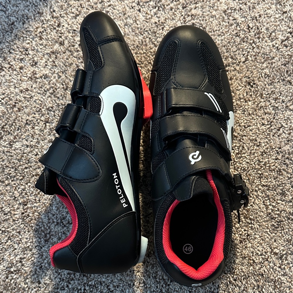 Peloton Black Cycling Shoes with Red and White Details